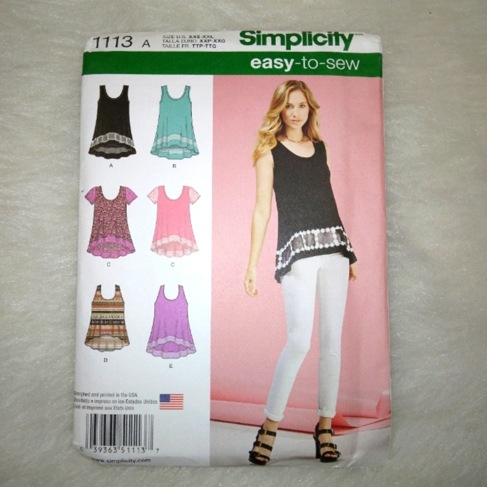 SIMPLICITY 1113 Sz XXS-XXL Misses knit tops with fabric and trim variati…